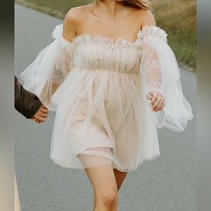 Cream tulle off the shoulder mini dress